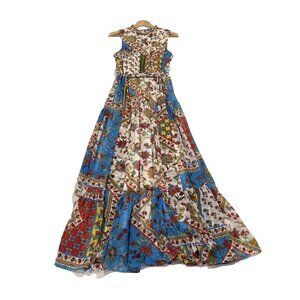 Calvin Klein Women's Sleeveless Patchwork Maxi Dress,34" Blue Red Floral Print